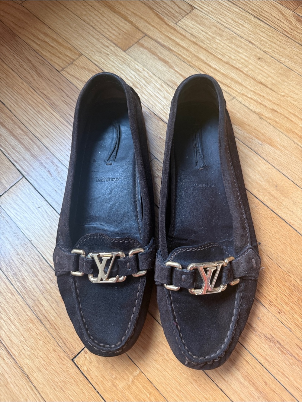 Louis Vuitton Dark Brown Suede Loafers with Gold Hardware